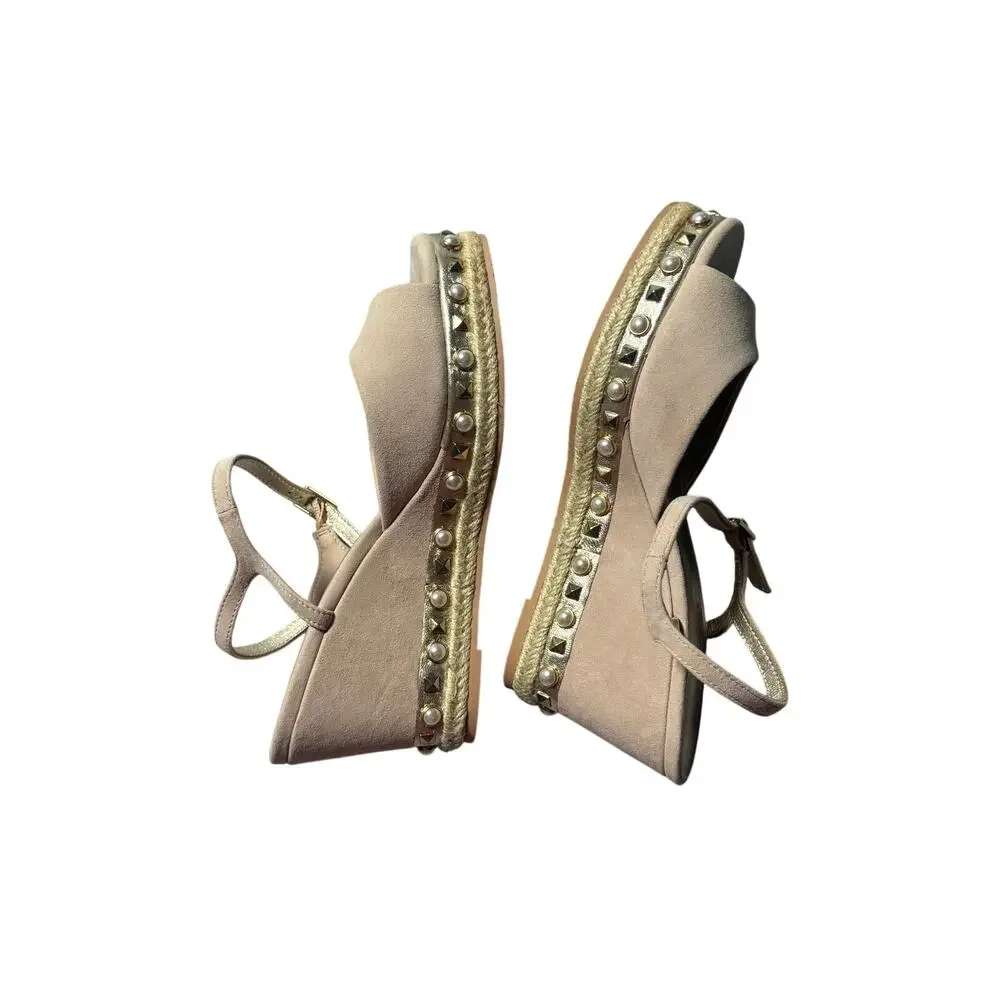 Lilly Pulitzer Hadley Espadrille Wedge Sandals Womens US 9 Beige Pearl Studded